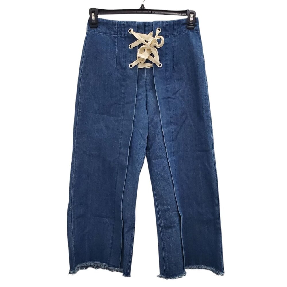 DO+BE Wide Leg Lace-Up Denim Pants in Blue with Cream Tie